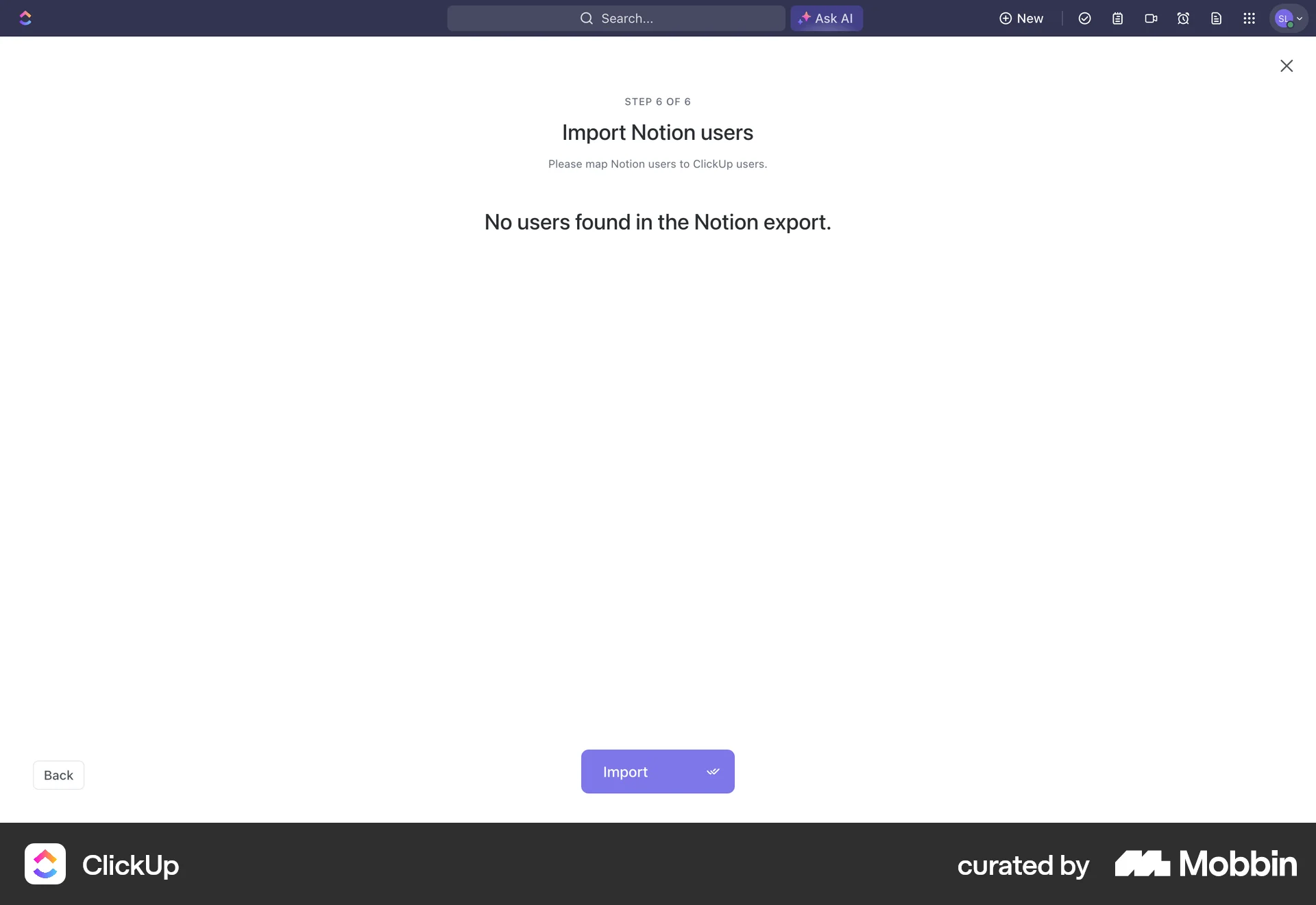 ClickUp Web Import & Export screen