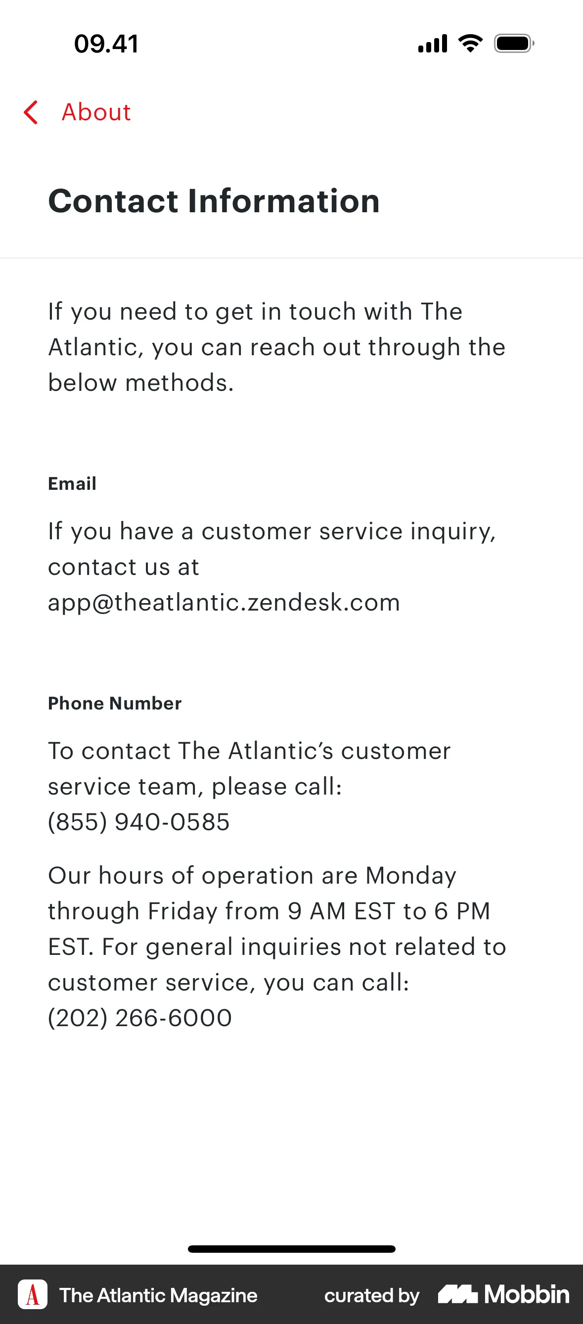 The Atlantic Magazine iOS Help & Support screen