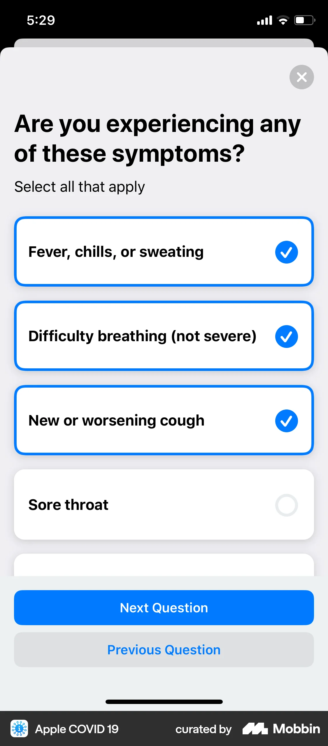Apple COVID 19 iOS screen containing Checkbox UI element