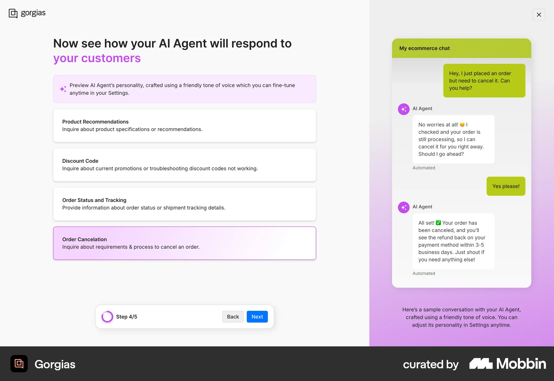 Gorgias Web Wizard UI screen