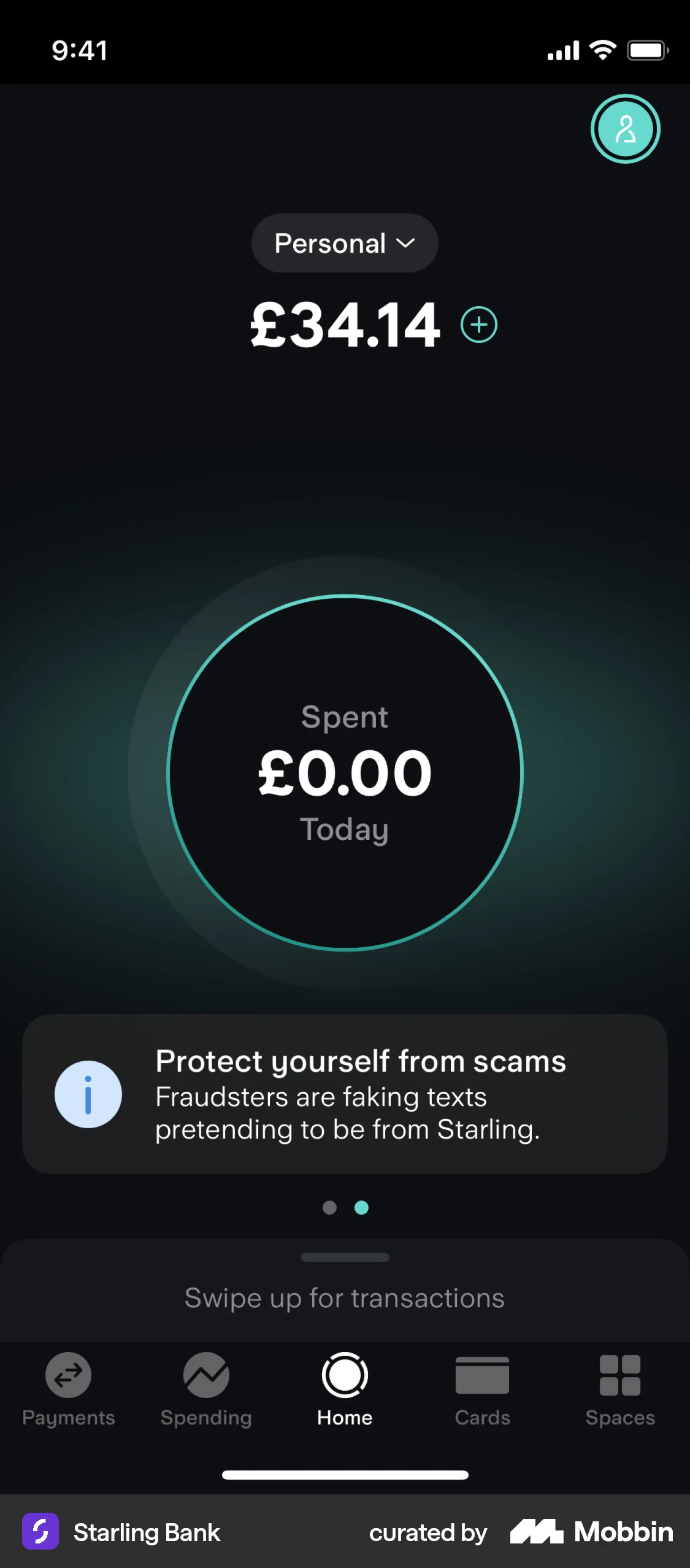 Starling Bank iOS Dark Mode screen