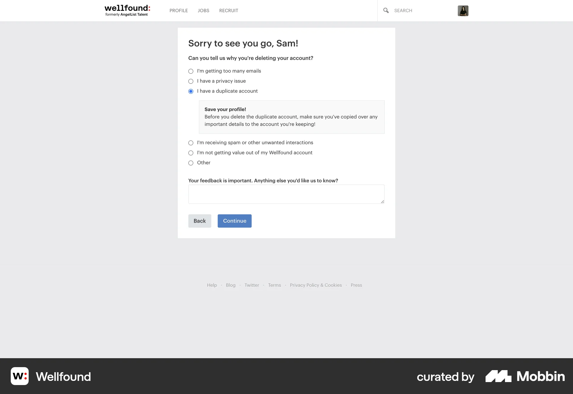 Wellfound Web screen containing Radio Button UI element