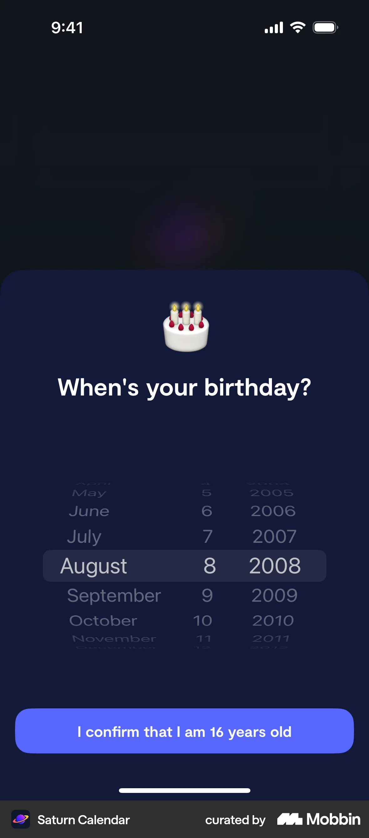 Saturn Calendar iOS Confirmation screen