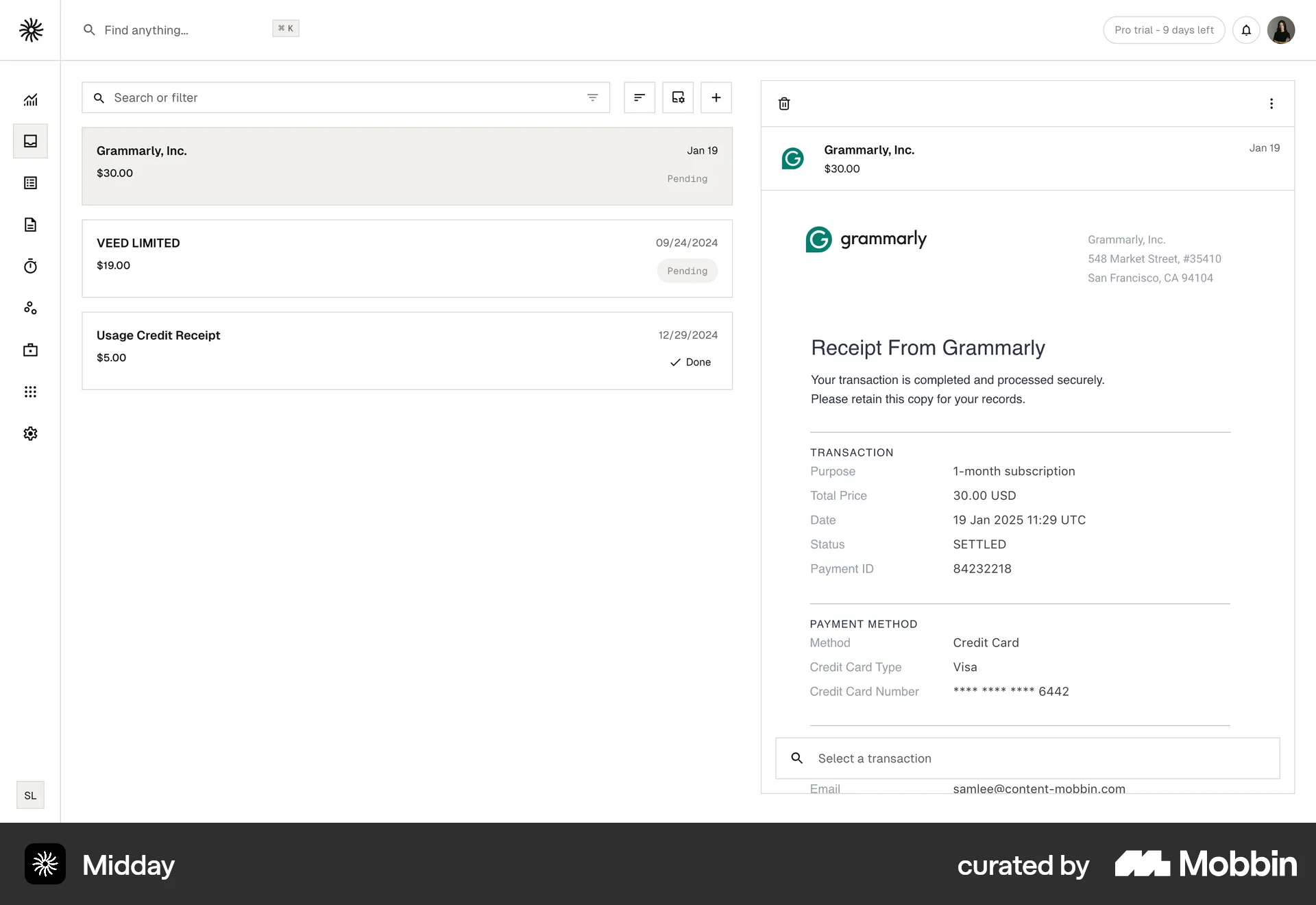 Midday Web screen containing Tab UI element