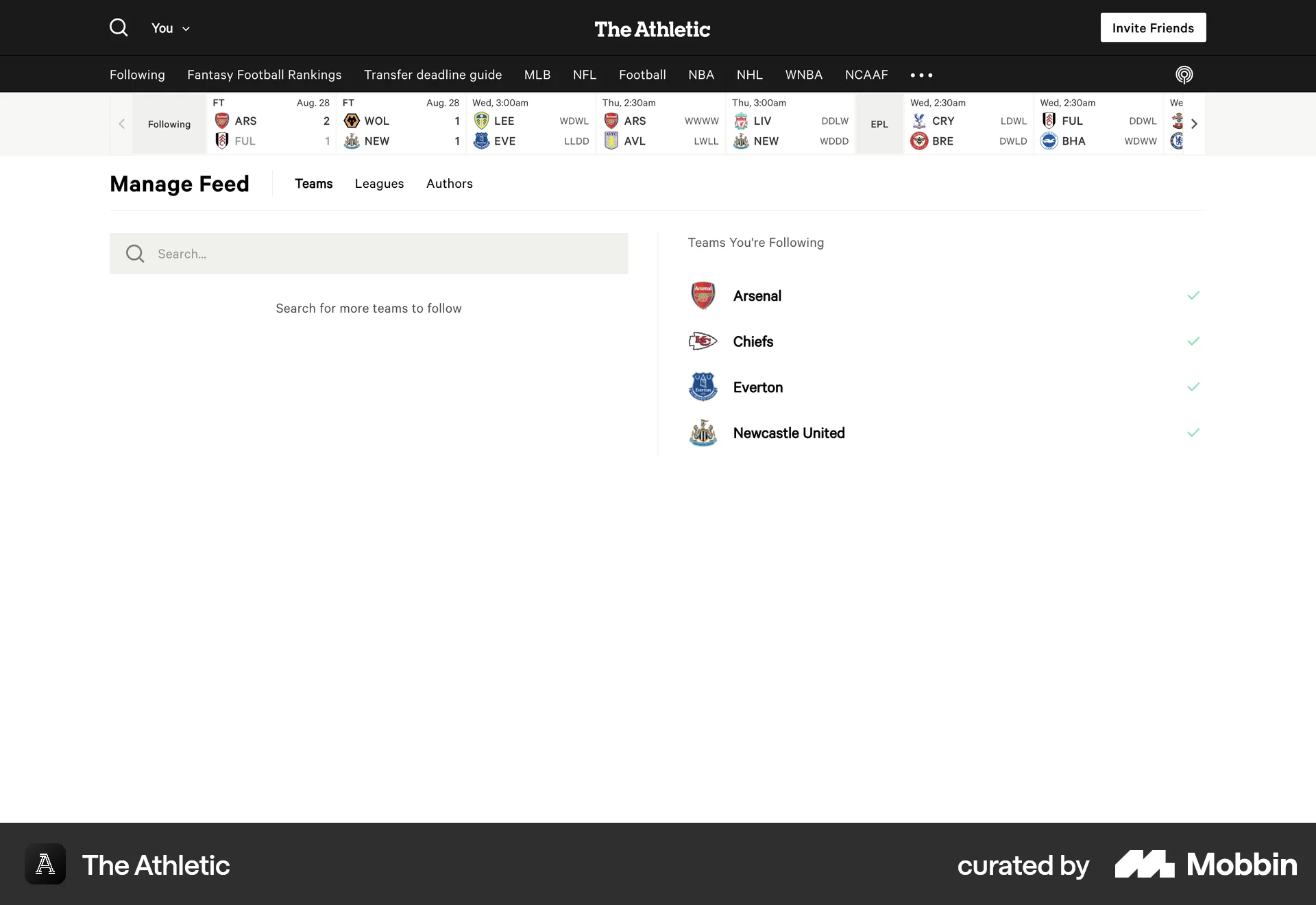 The Athletic Web Followers & Following screen