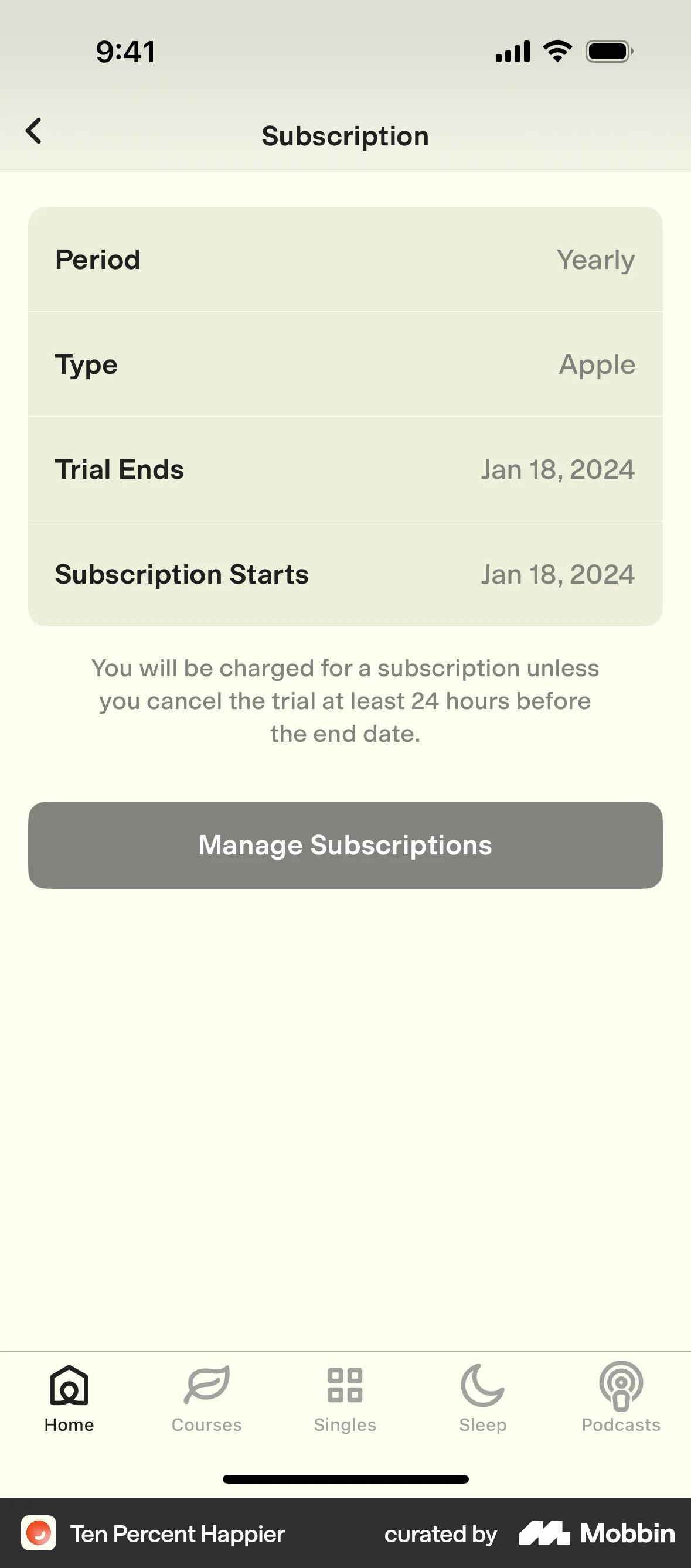 Ten Percent Happier iOS Billing screen