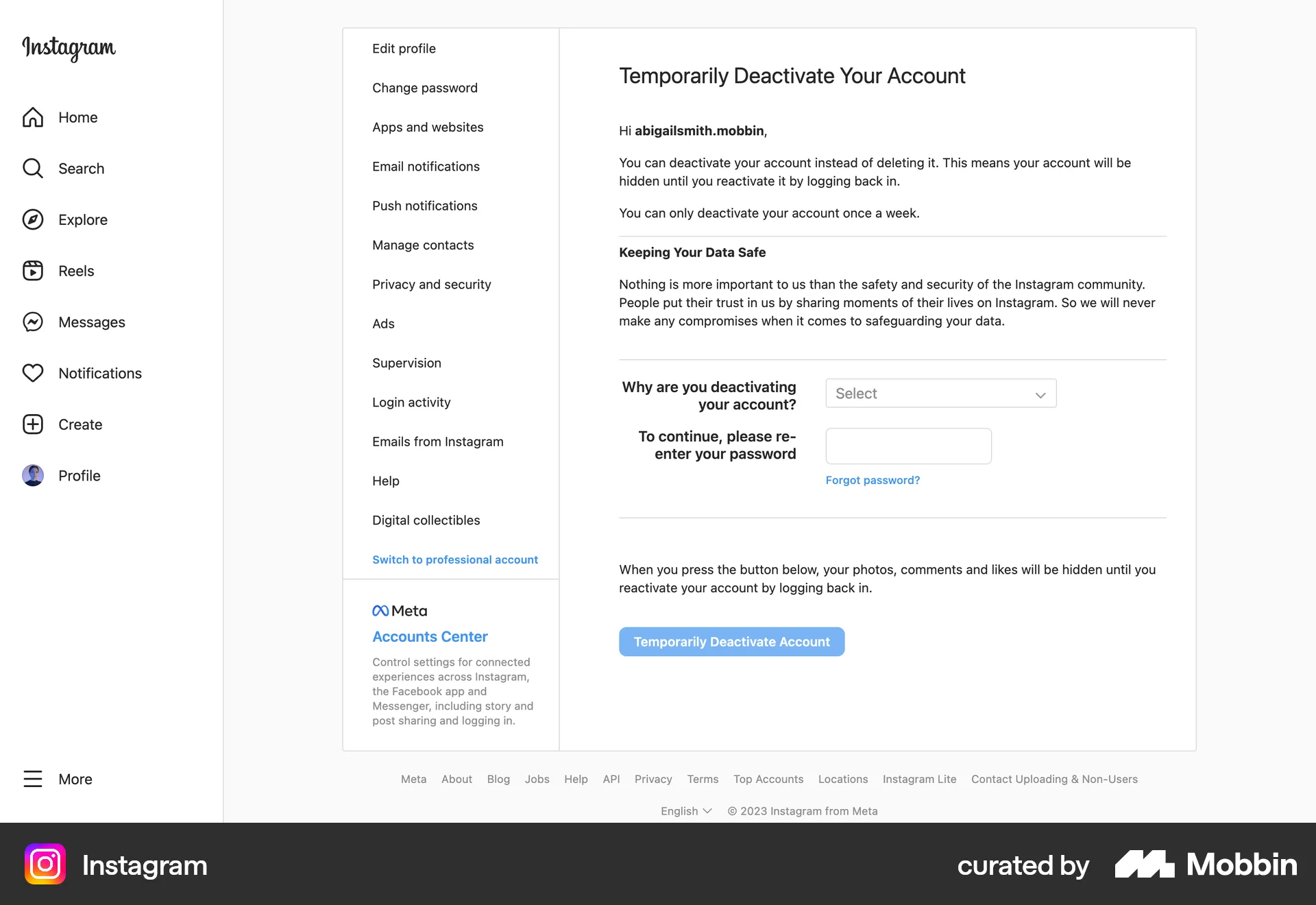 Instagram Web Delete & Deactivate Account screen