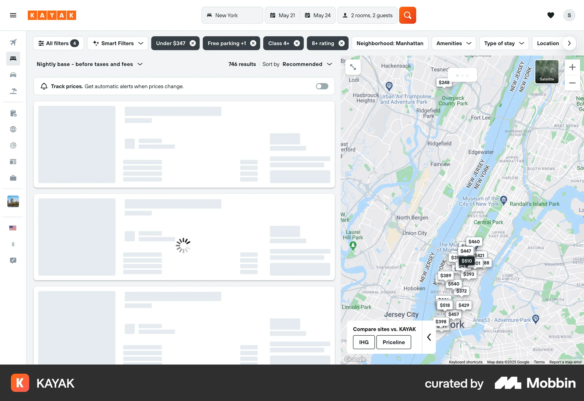 KAYAK Web screen containing Skeleton UI element