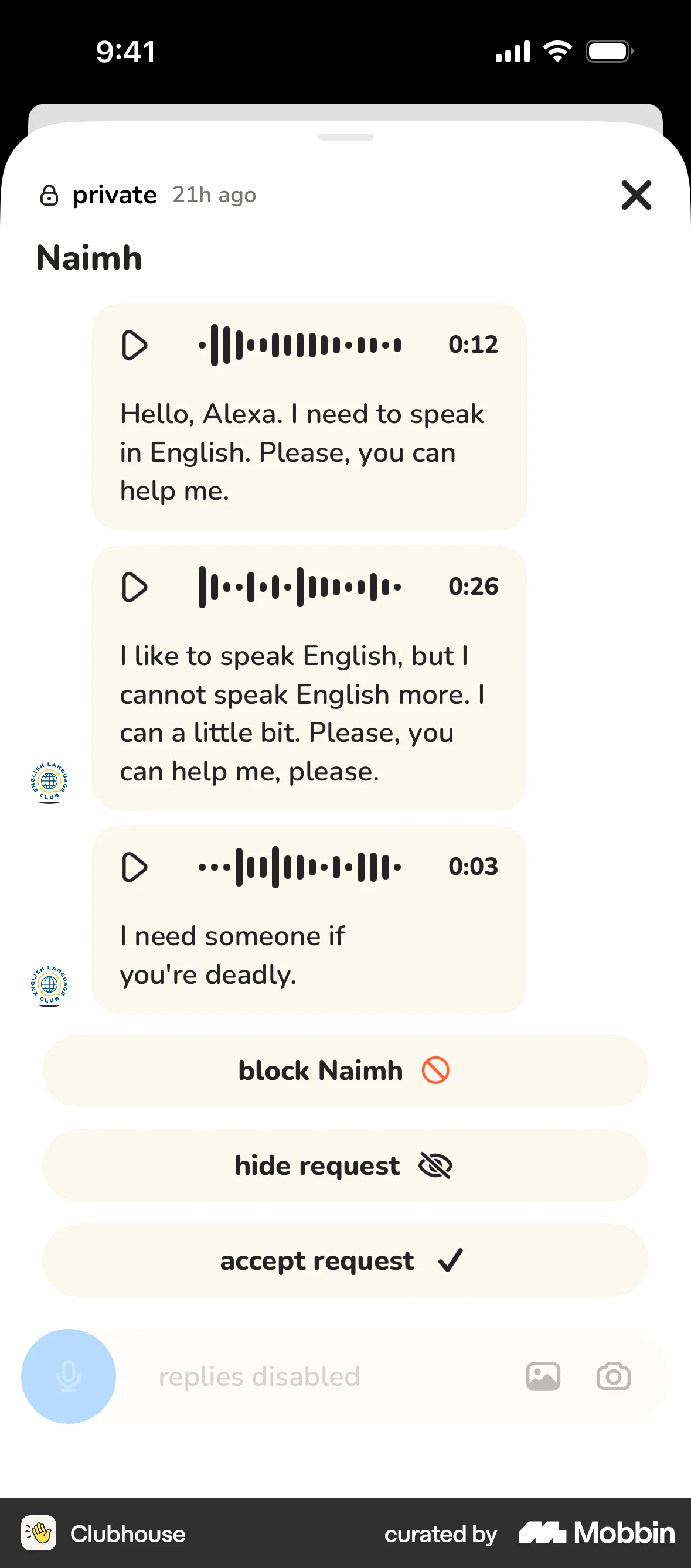 Clubhouse iOS Voice UI screen
