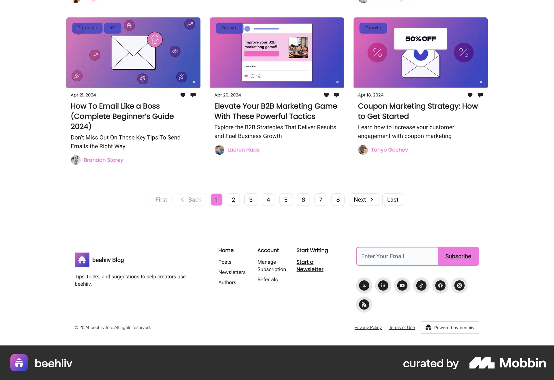 beehiiv Web screen containing Pagination UI element