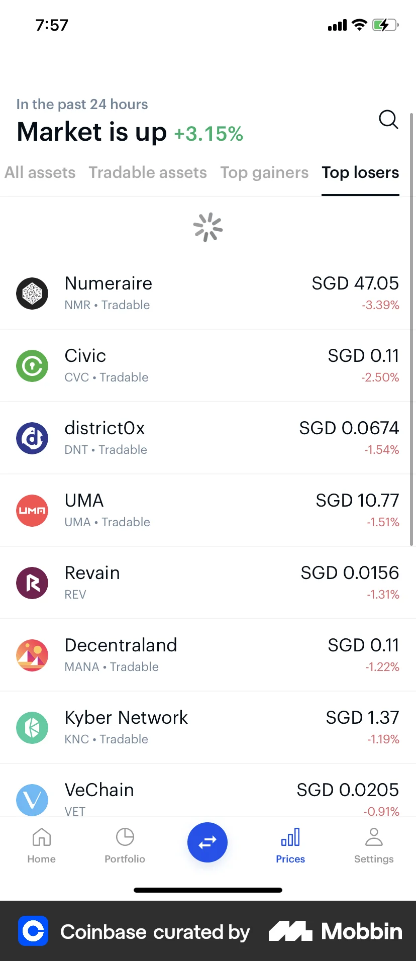 Coinbase iOS Pull to Refresh screen