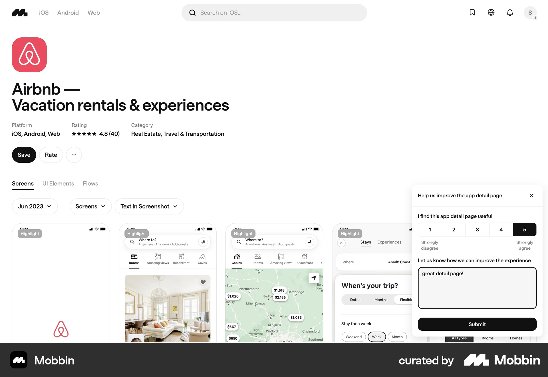 Mobbin Web screen containing Rating Control UI element