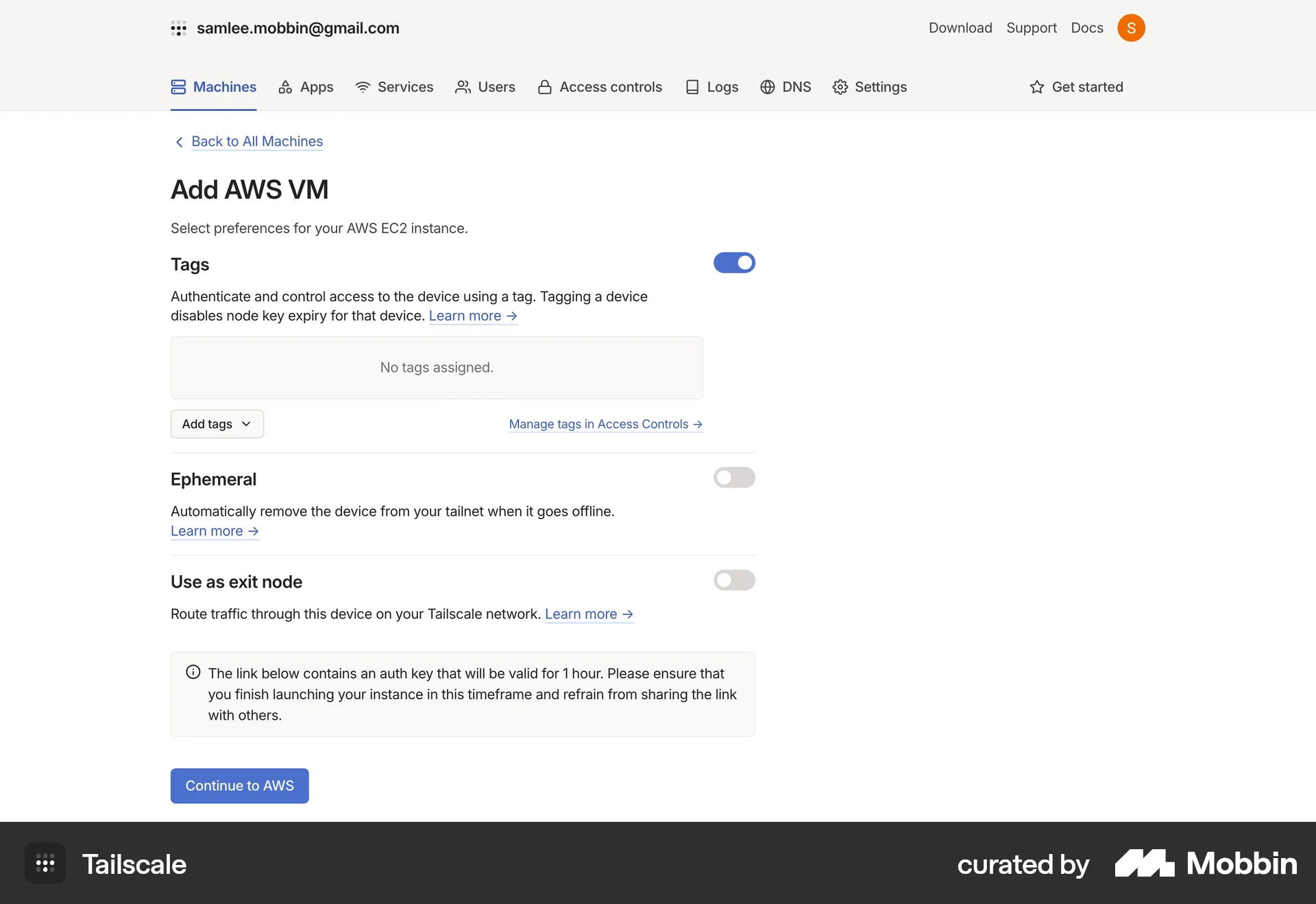 Tailscale Web screen containing Switch UI element
