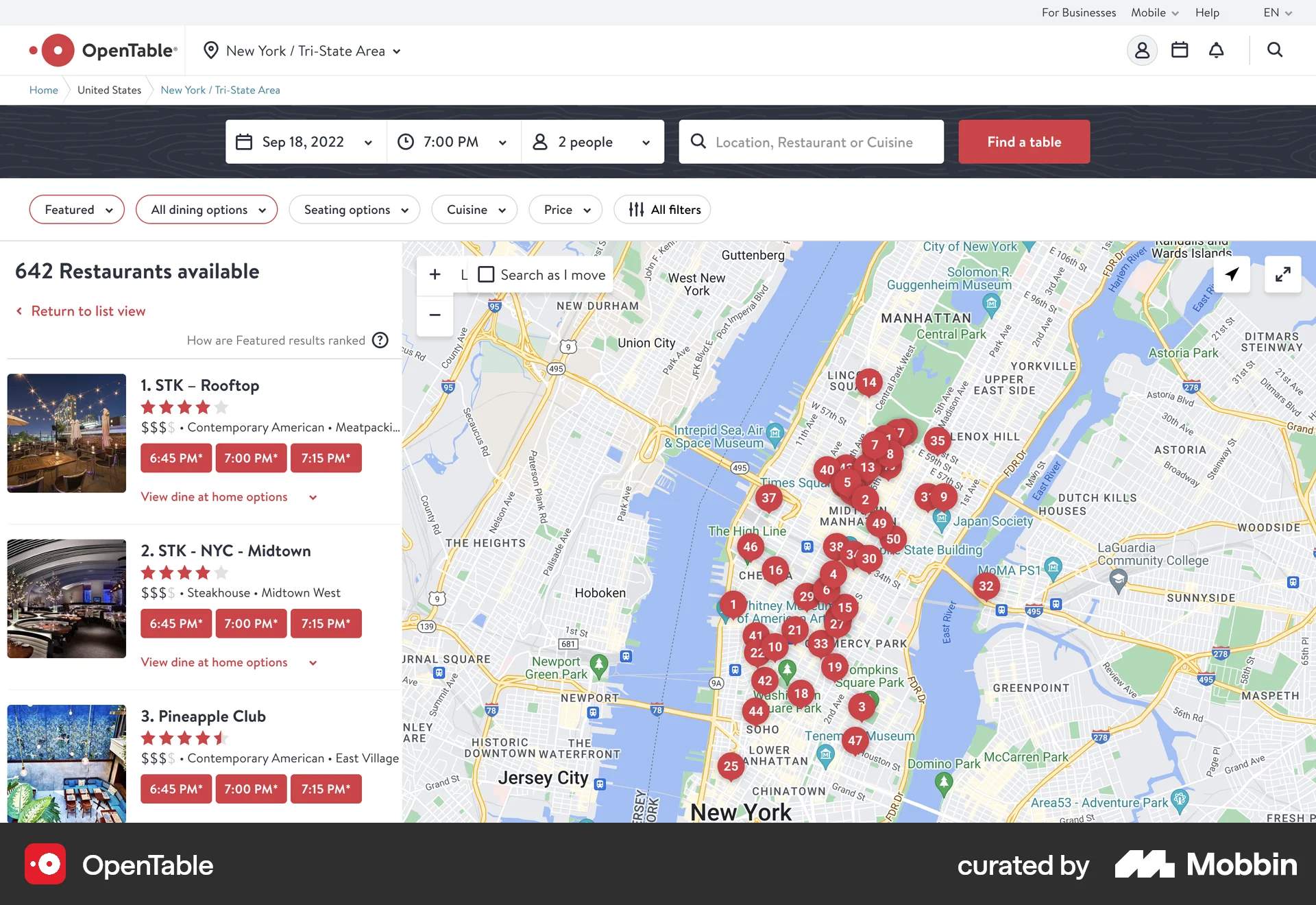 OpenTable Web screen containing Map Pin UI element