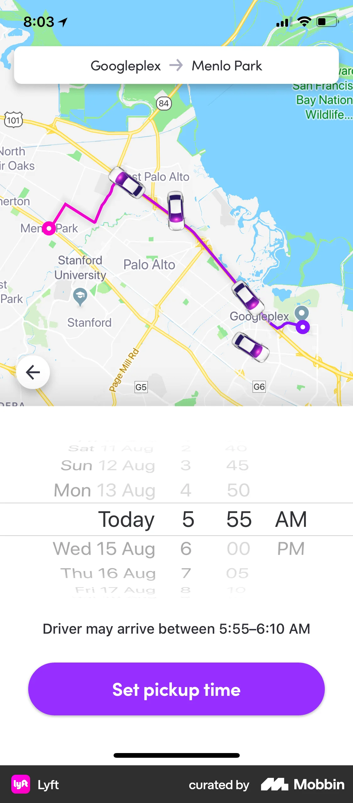 Lyft iOS screen containing Time Picker UI element