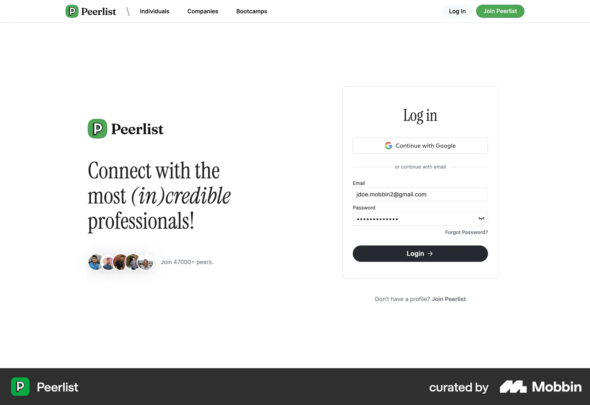 Peerlist Web Login screen