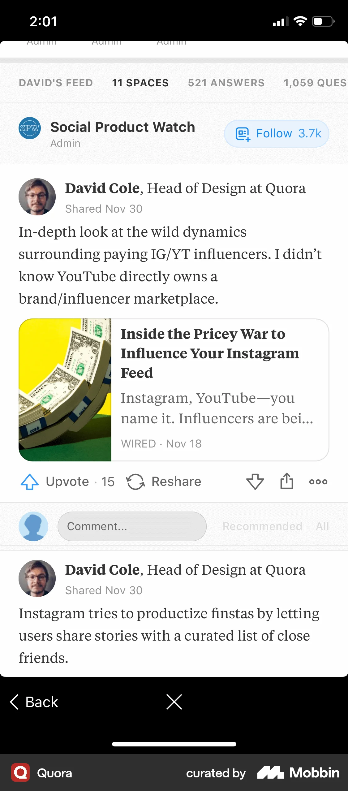 Quora iOS My Account & Profile screen