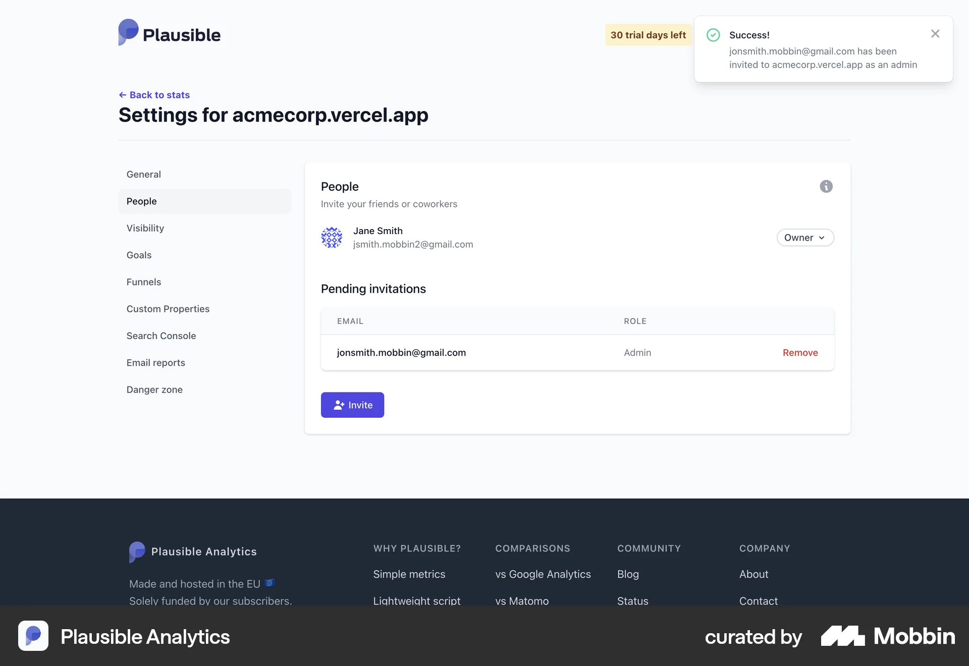 Plausible Analytics Web screen containing Toast UI element
