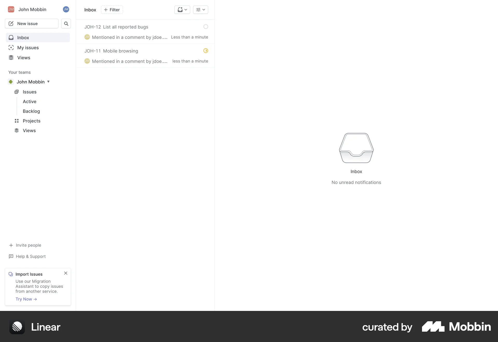 Linear Web Notifications screen
