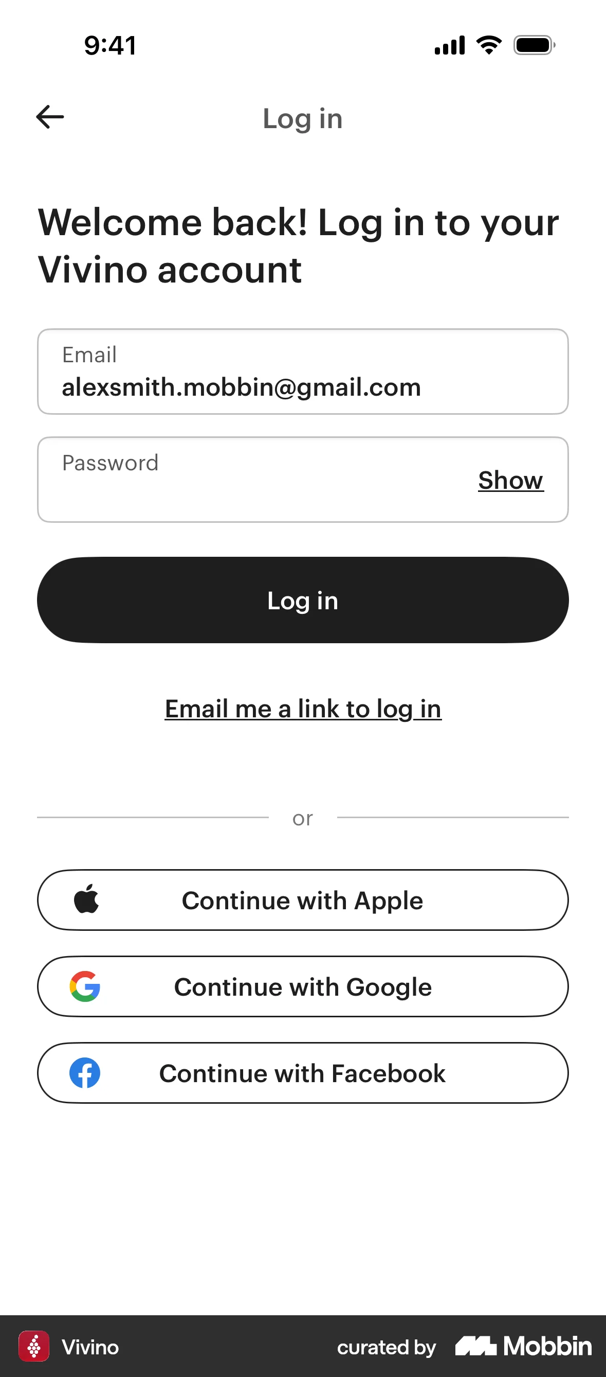 Vivino iOS Login screen