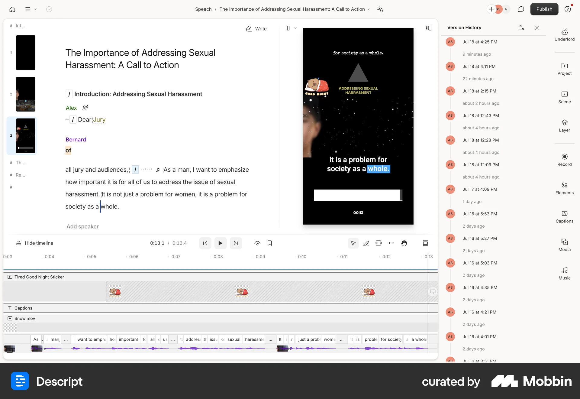 Descript Web Timeline & History screen