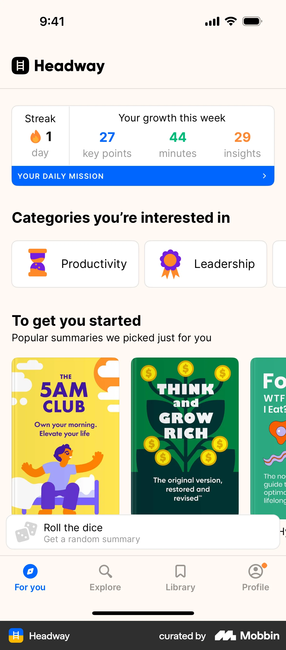 Headway iOS Home screen