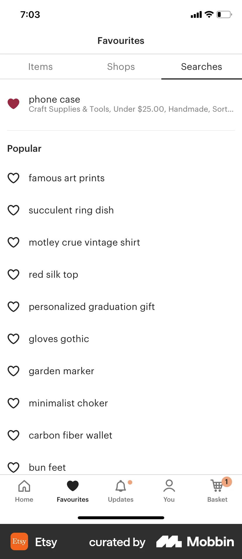 Etsy iOS Bookmarks & Collections screen
