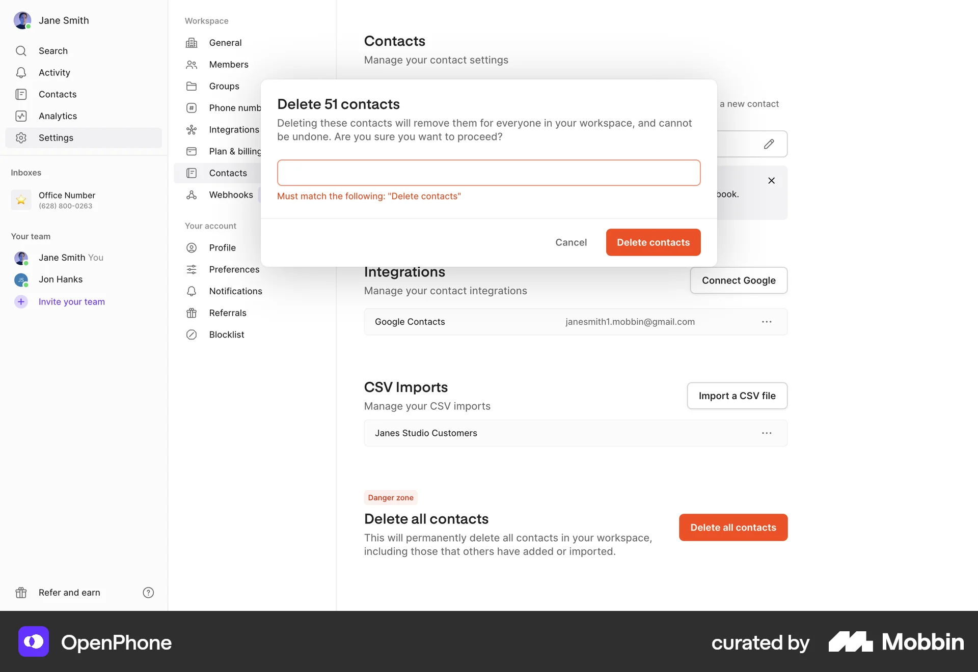 OpenPhone Web Delete screen