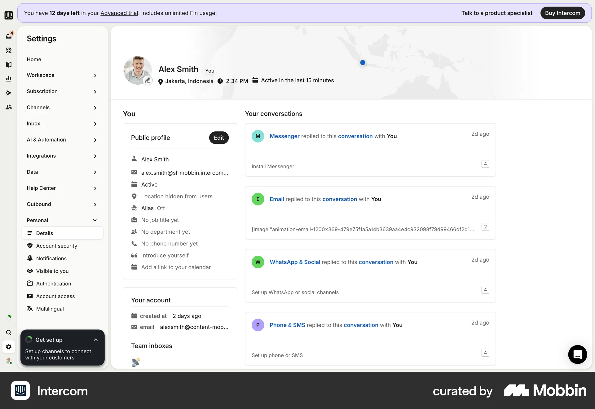 Intercom Web My Account & Profile screen