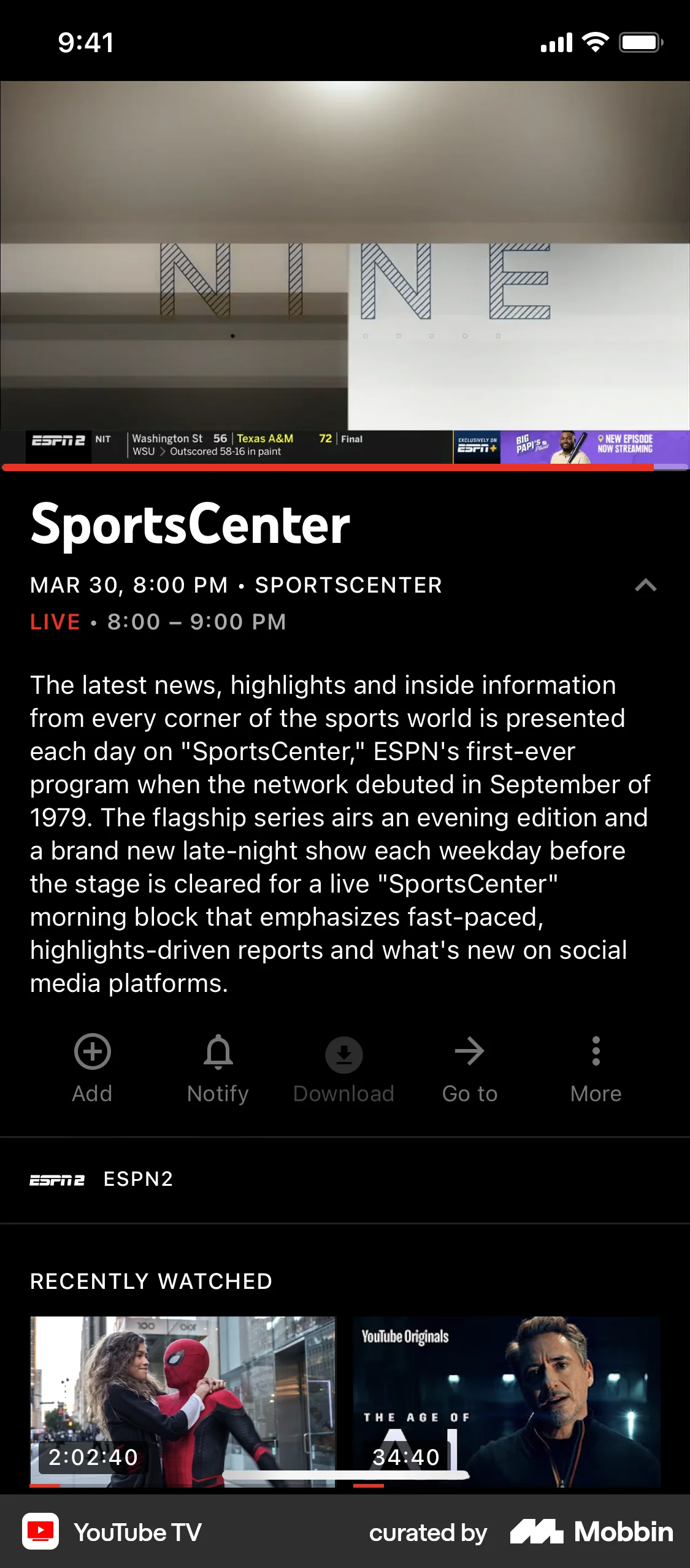 YouTube TV iOS Video Player screen