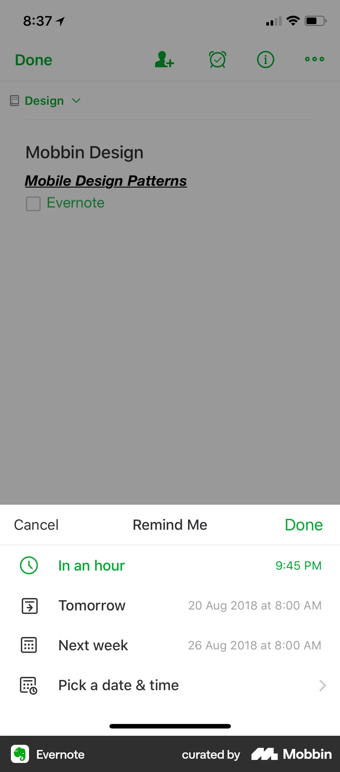 Evernote iOS Reminder screen