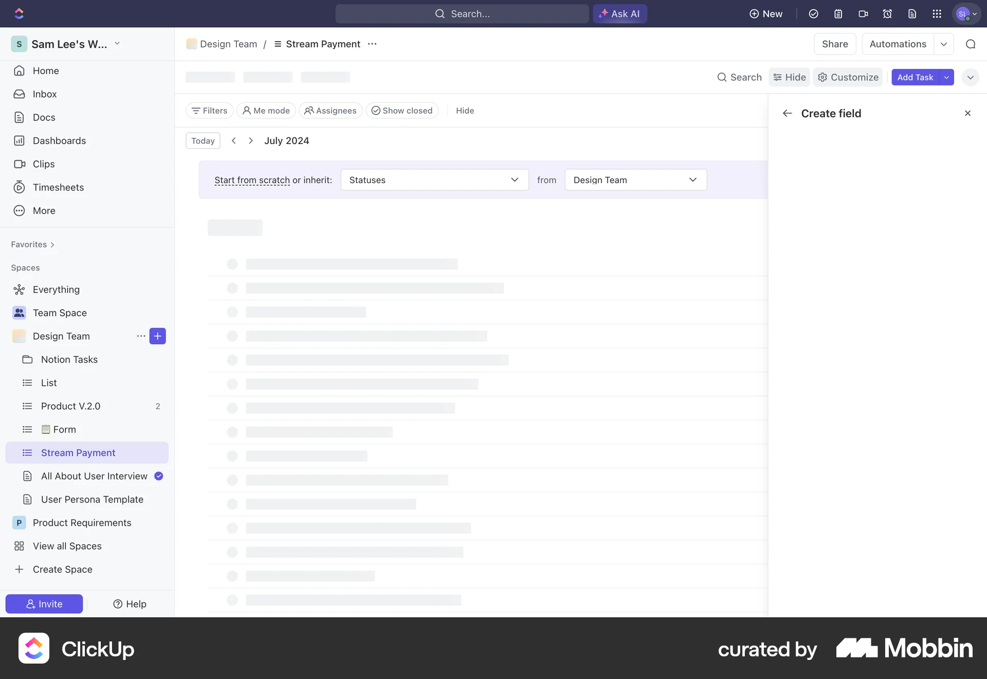 ClickUp Web screen containing Skeleton UI element