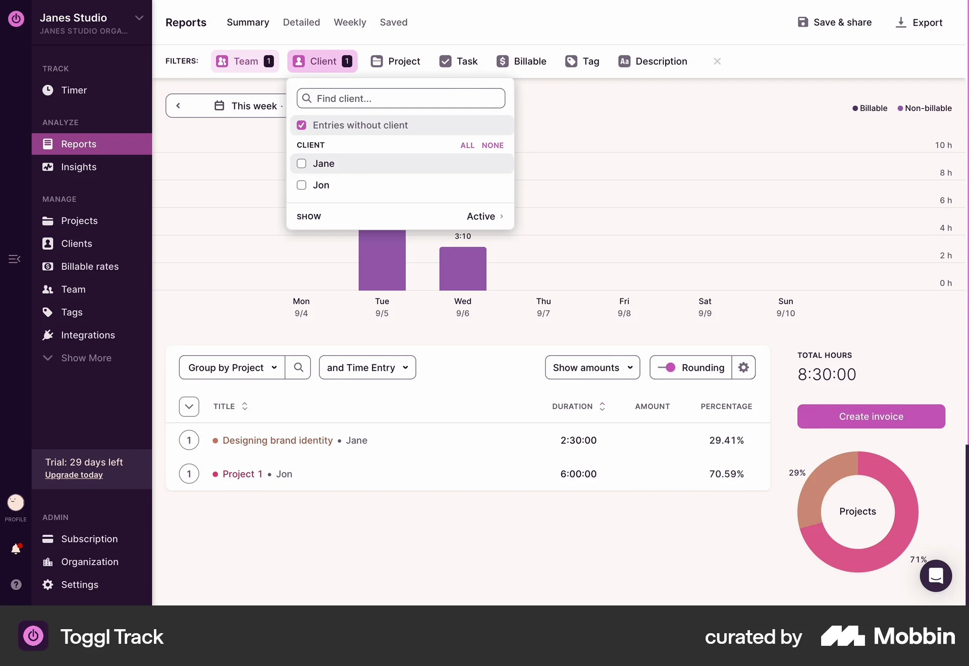 Toggl Track Web screen containing Combobox UI element