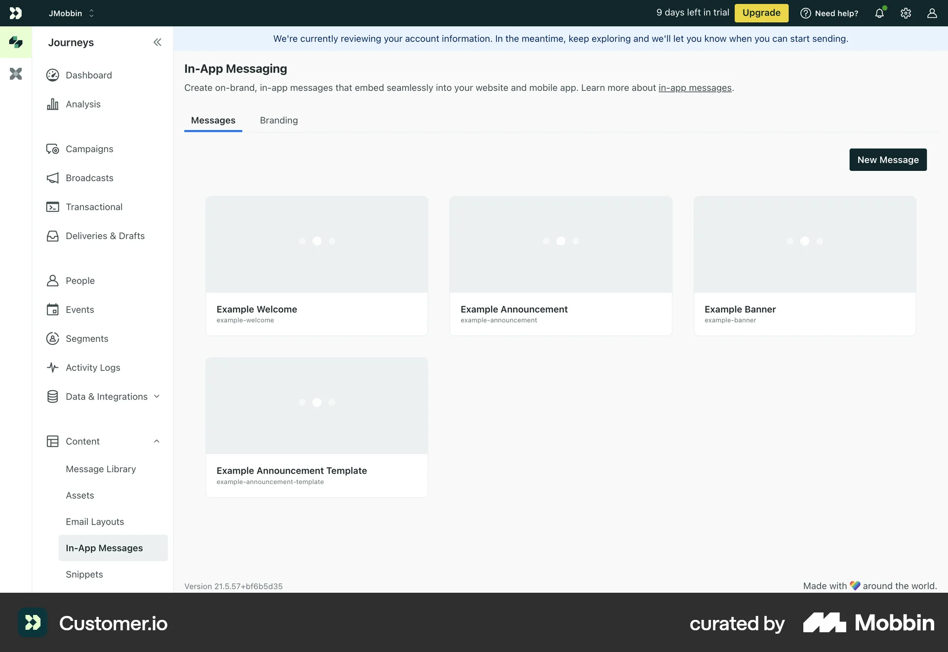 Customer.io Web screen containing Skeleton UI element
