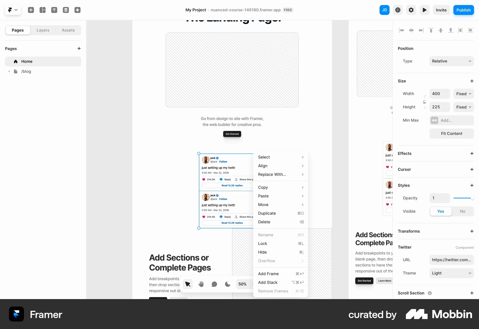 Framer Web screen containing Context Menu UI element