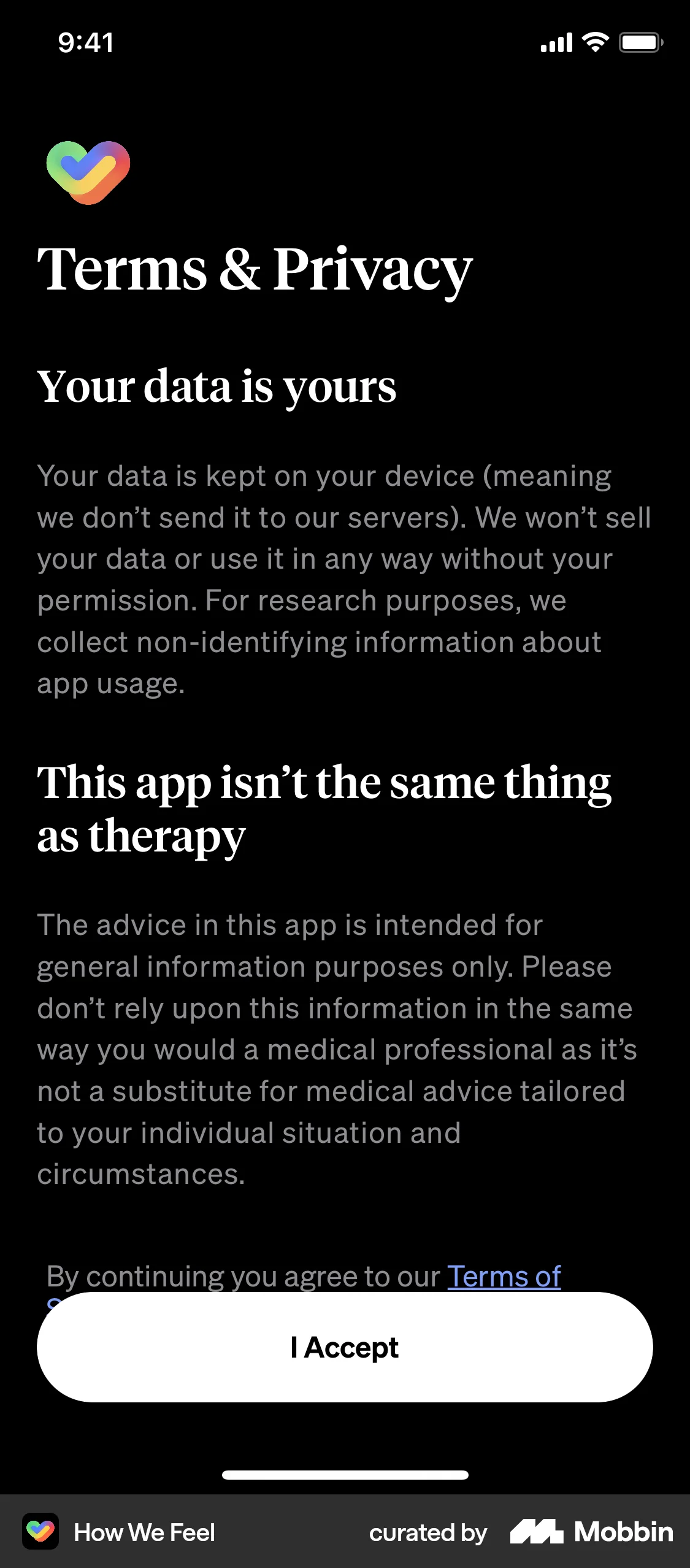 How We Feel iOS Privacy Policy screen