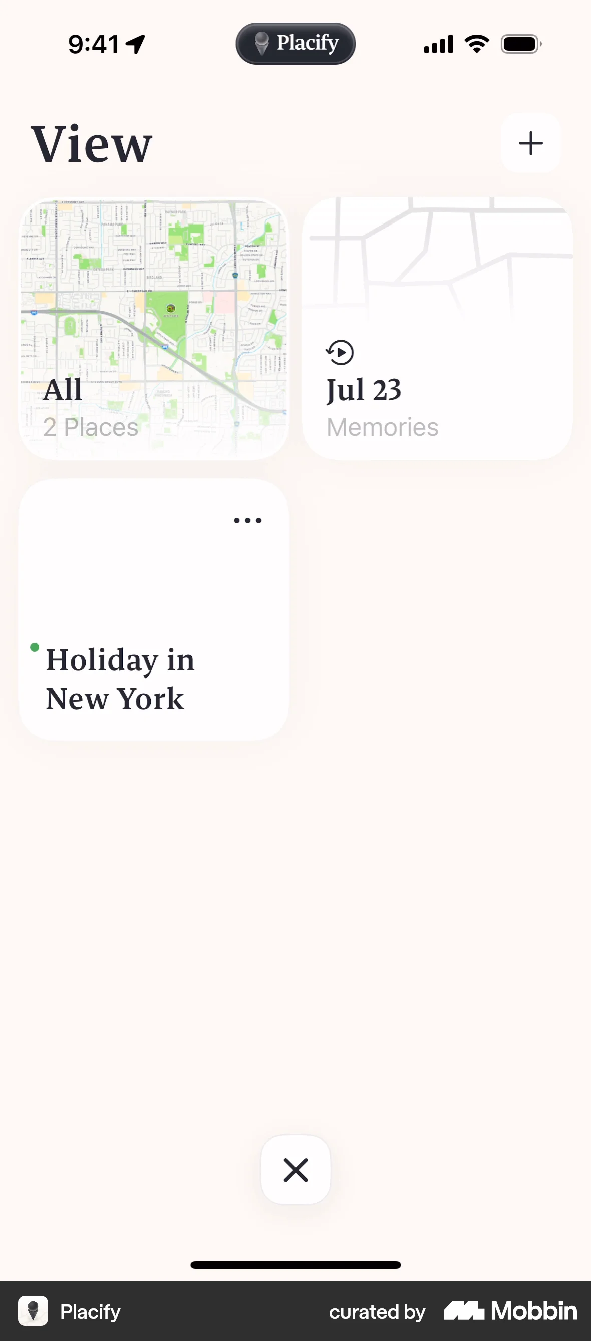 Placify iOS screen containing Full-Screen Overlay UI element