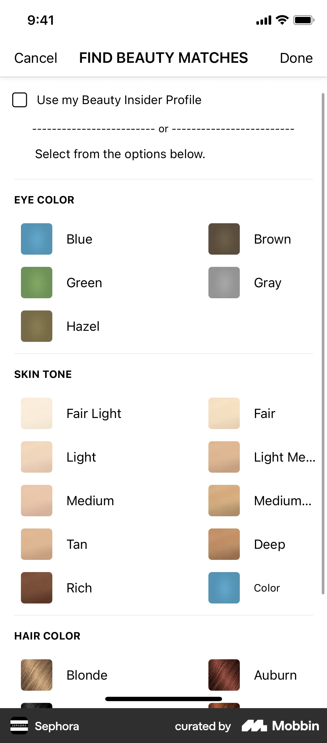 Sephora iOS screen containing Color Picker UI element