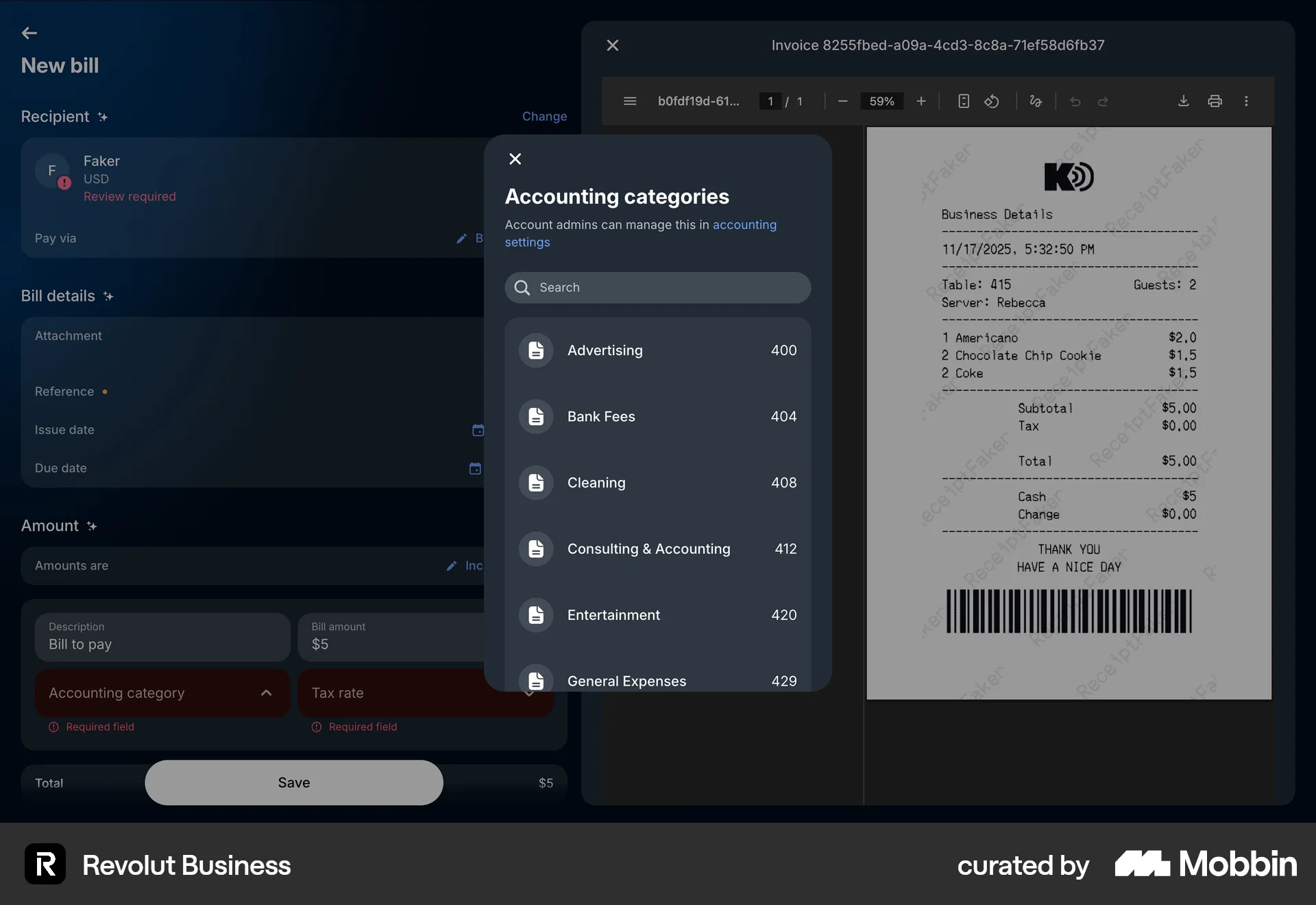 Revolut Business Adding a bill screen