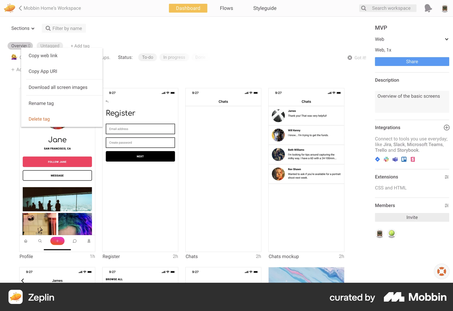 Zeplin Web screen containing Context Menu UI element