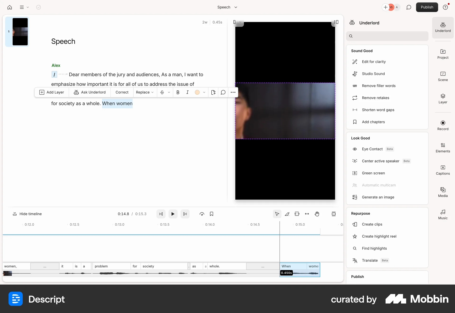 Descript Web screen containing Toolbar UI element
