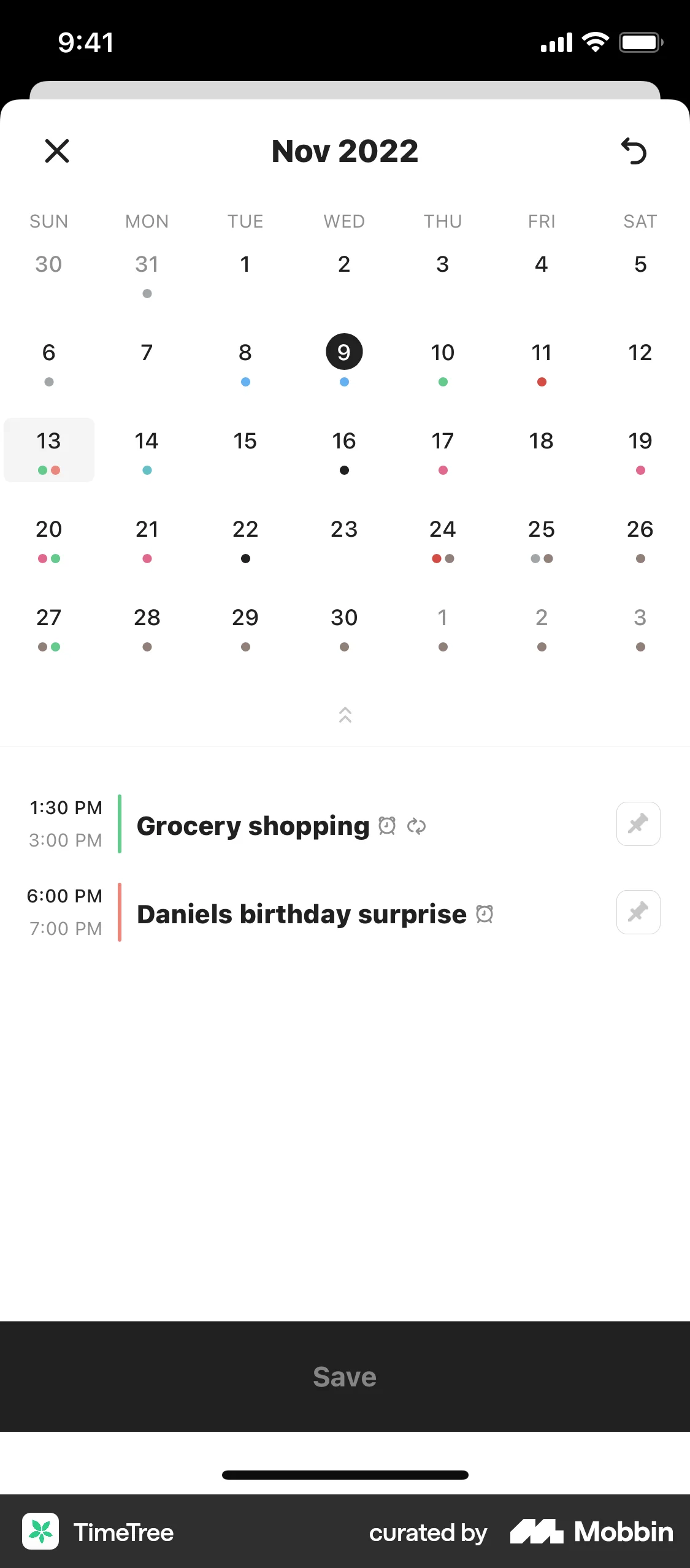 TimeTree iOS Calendar screen