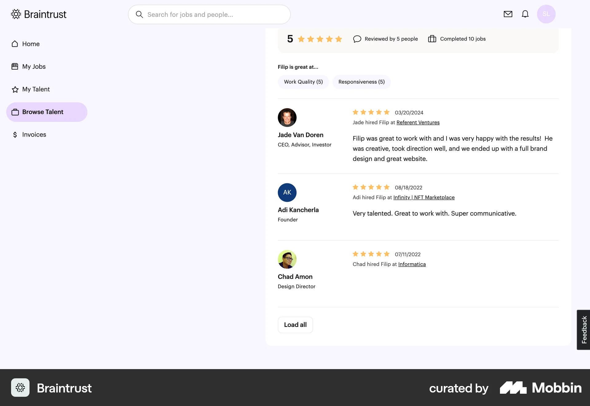 Braintrust Web Reviews & Ratings screen