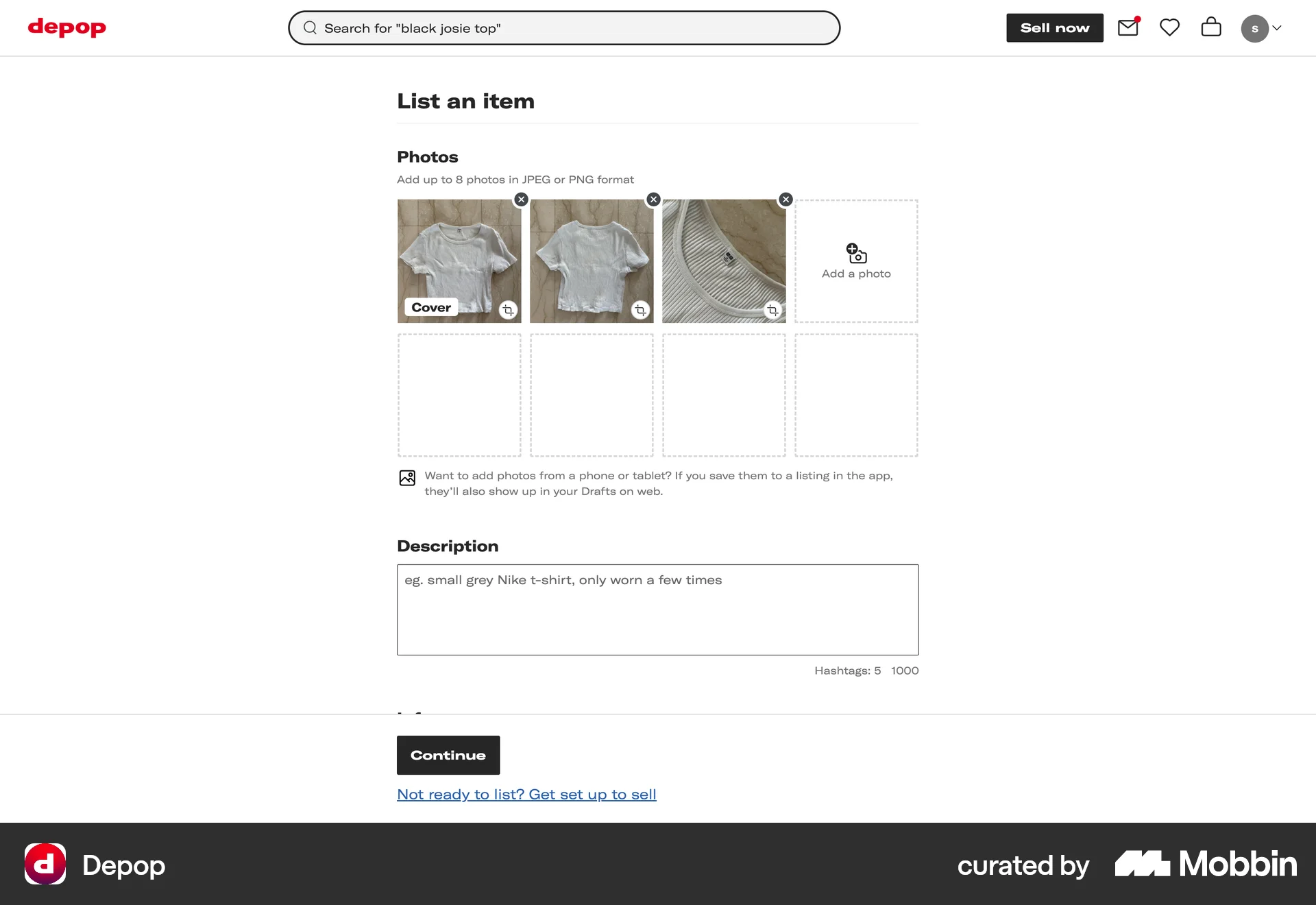 Depop Web Add & Create screen