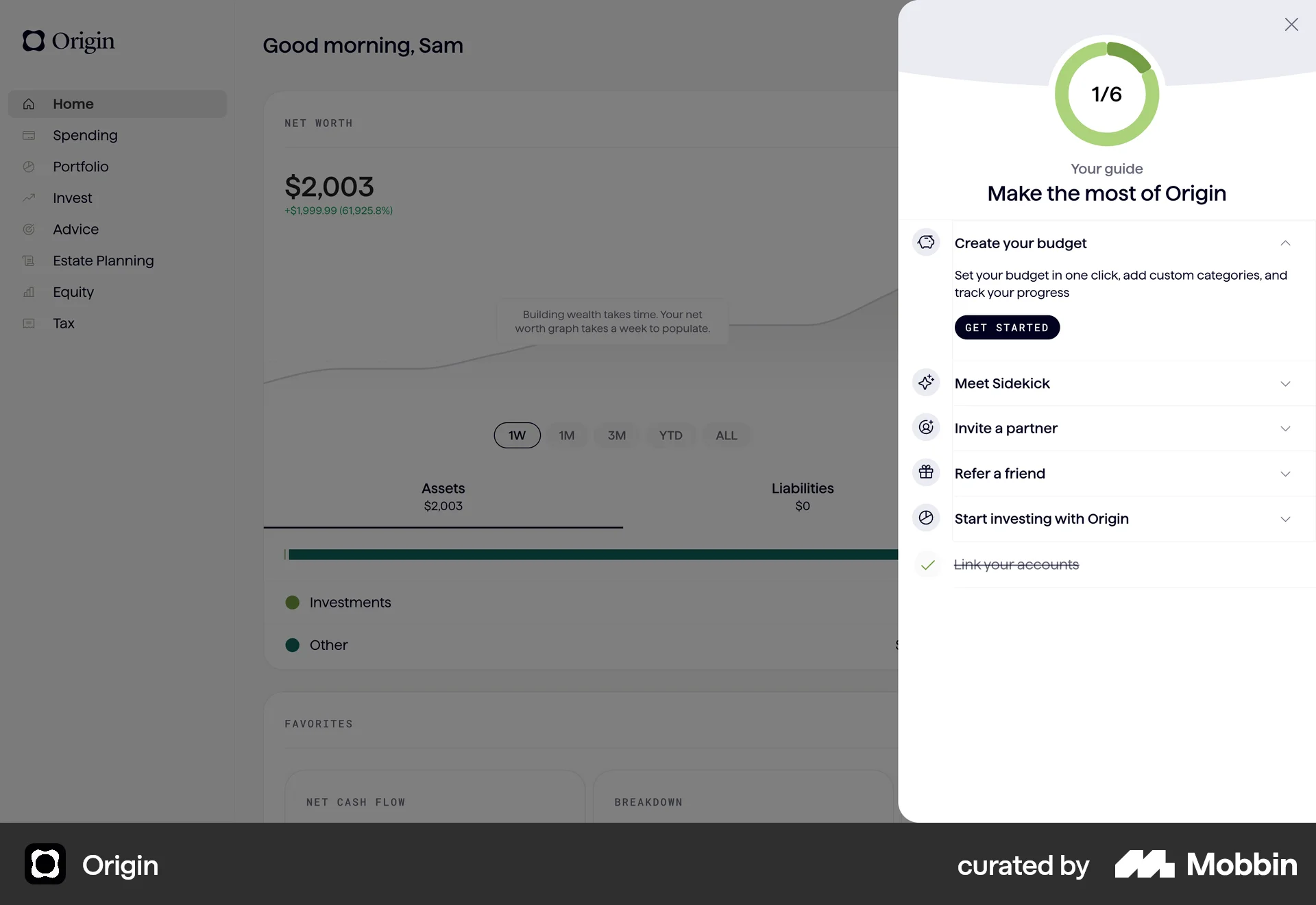 Origin Web Progress screen