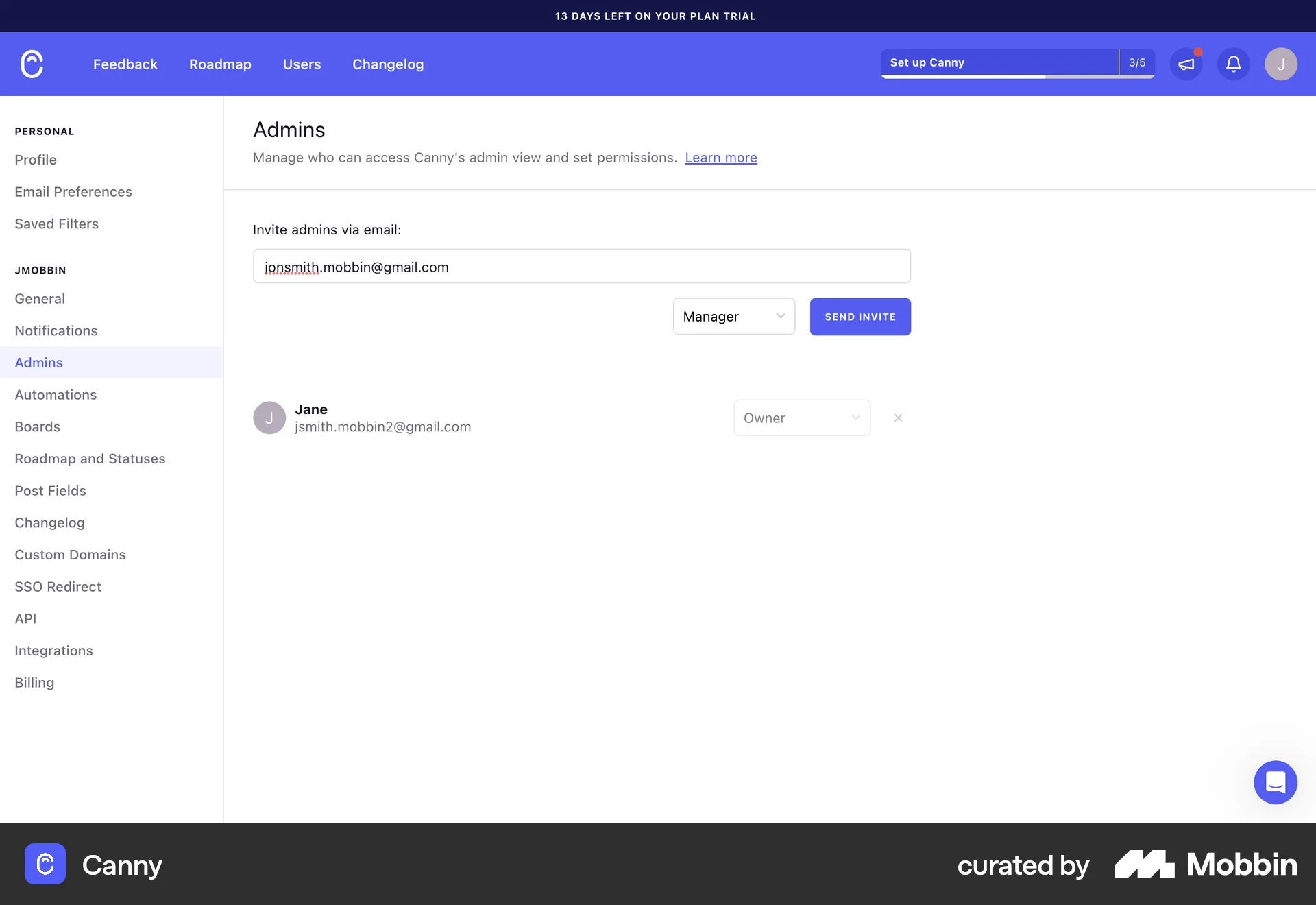 Canny Web Admin UI screen