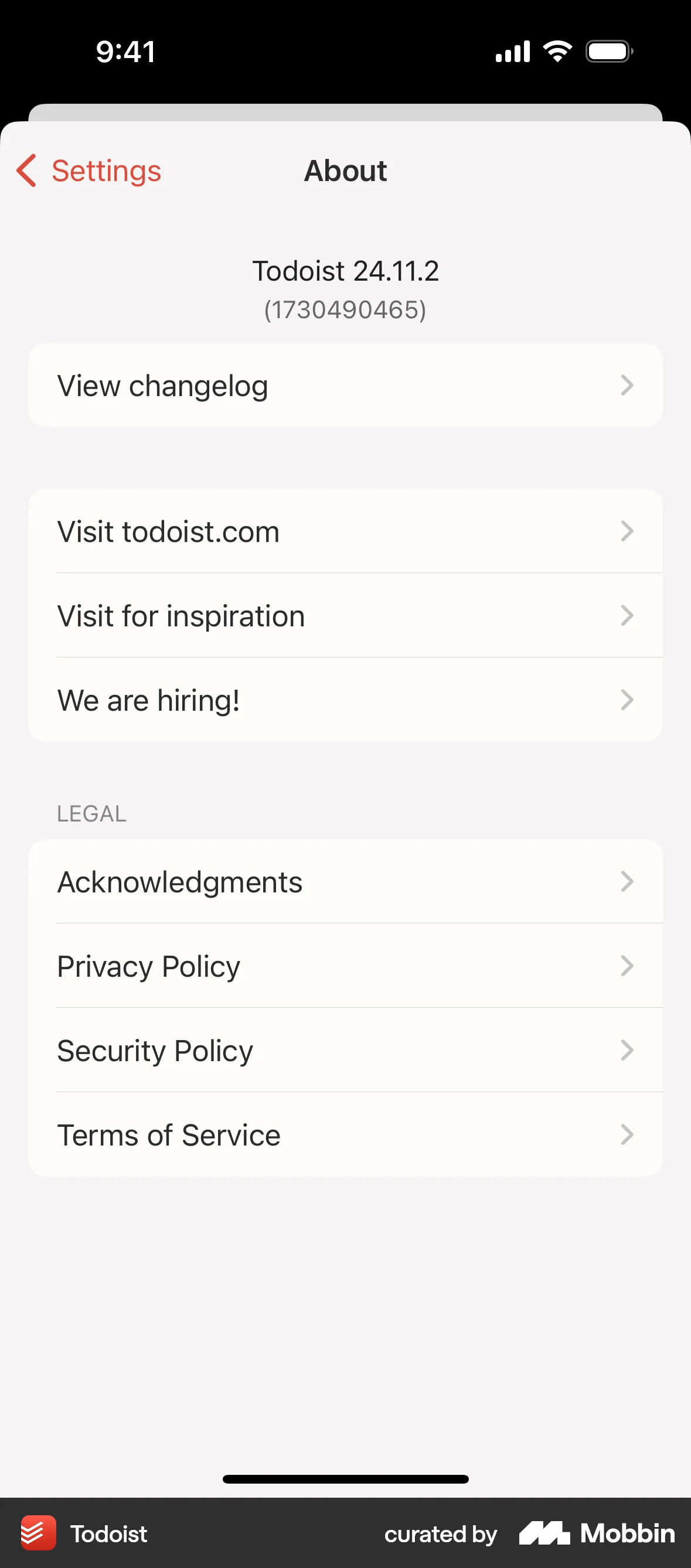 Todoist iOS About screen