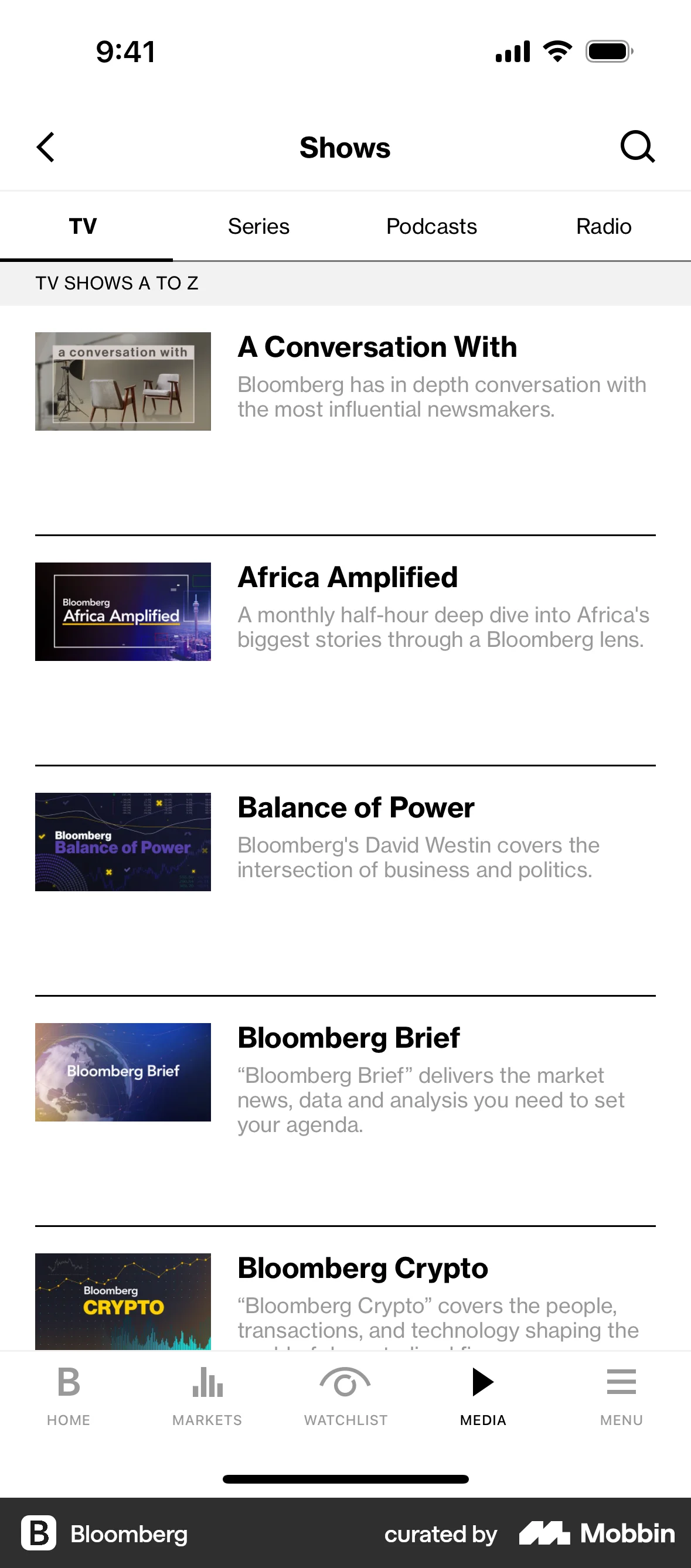 Bloomberg iOS Playlists screen