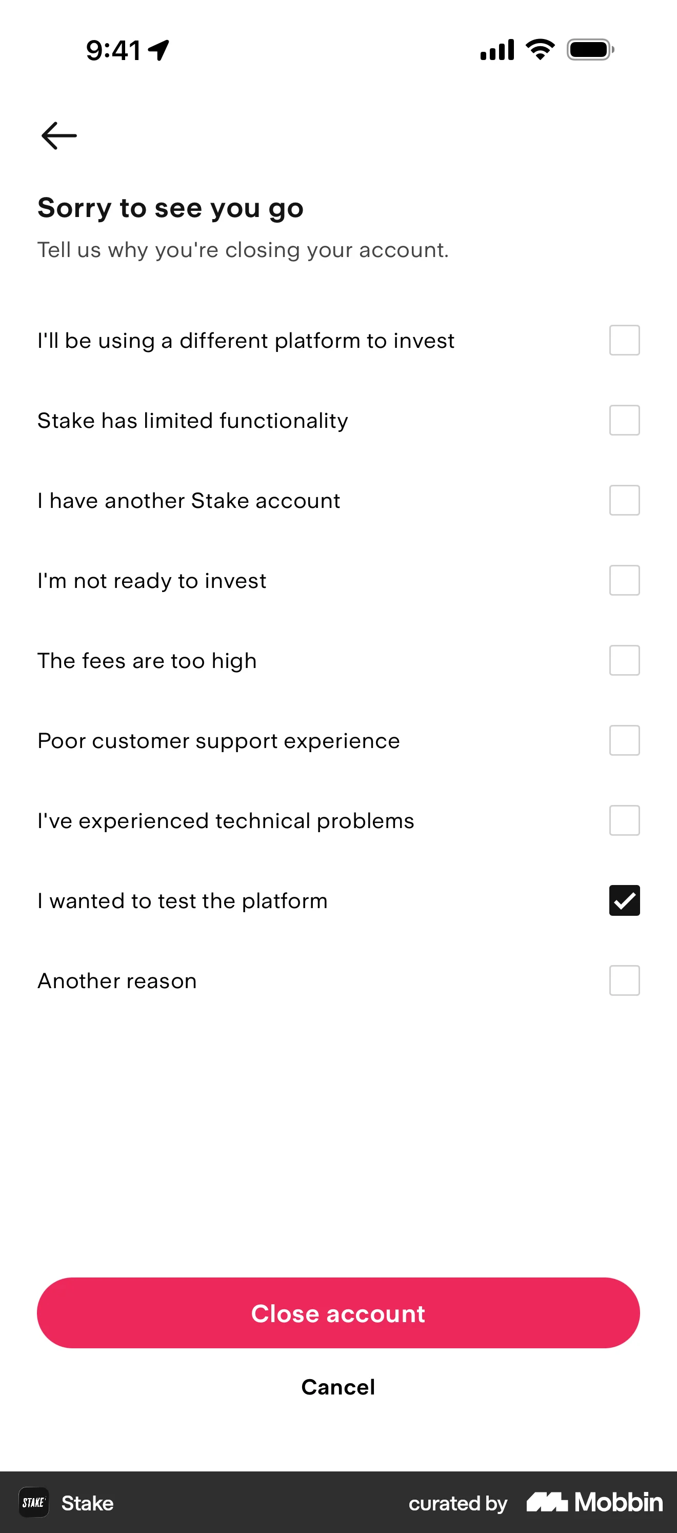 Stake iOS Feedback screen