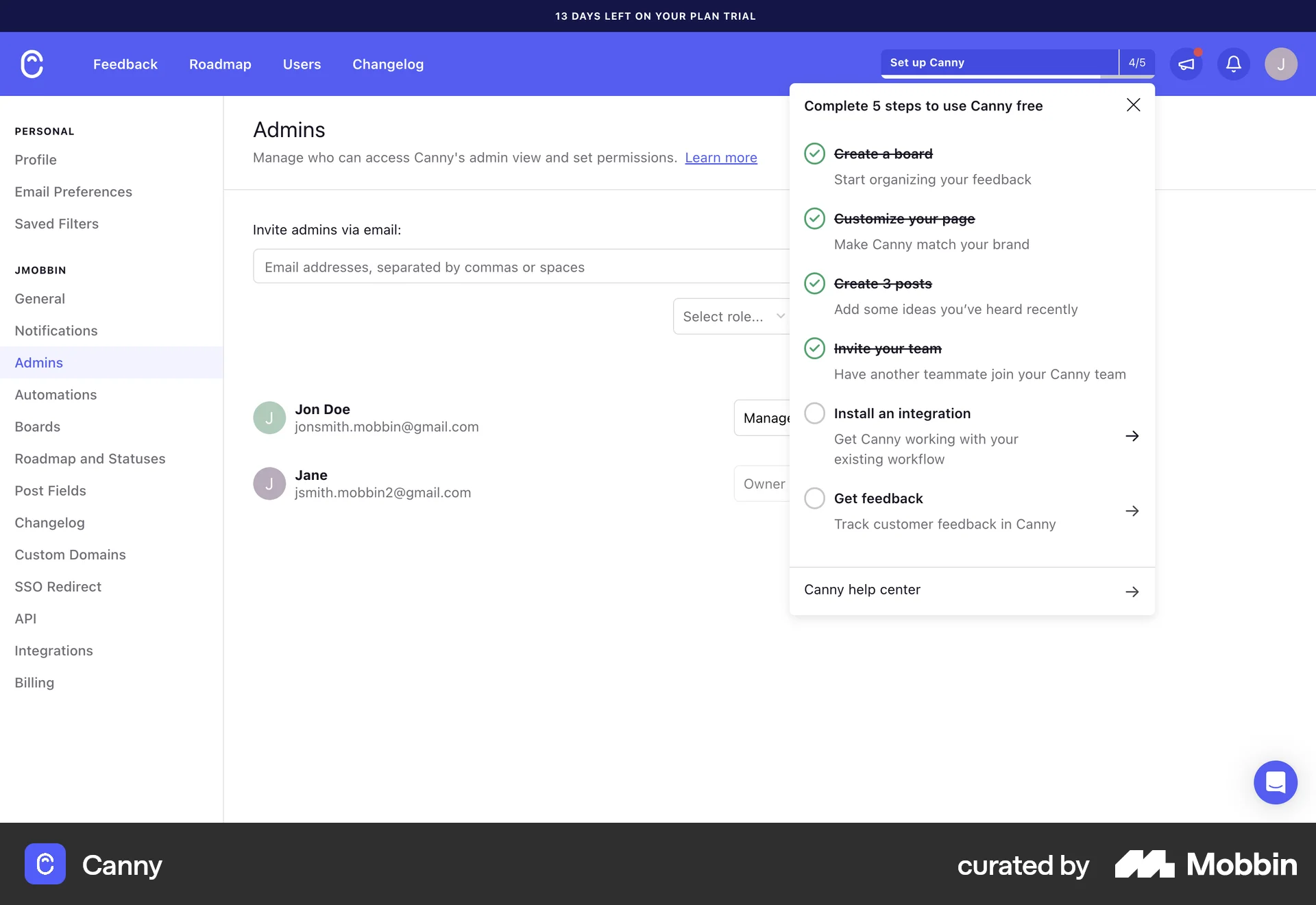 Canny Web Admin UI screen